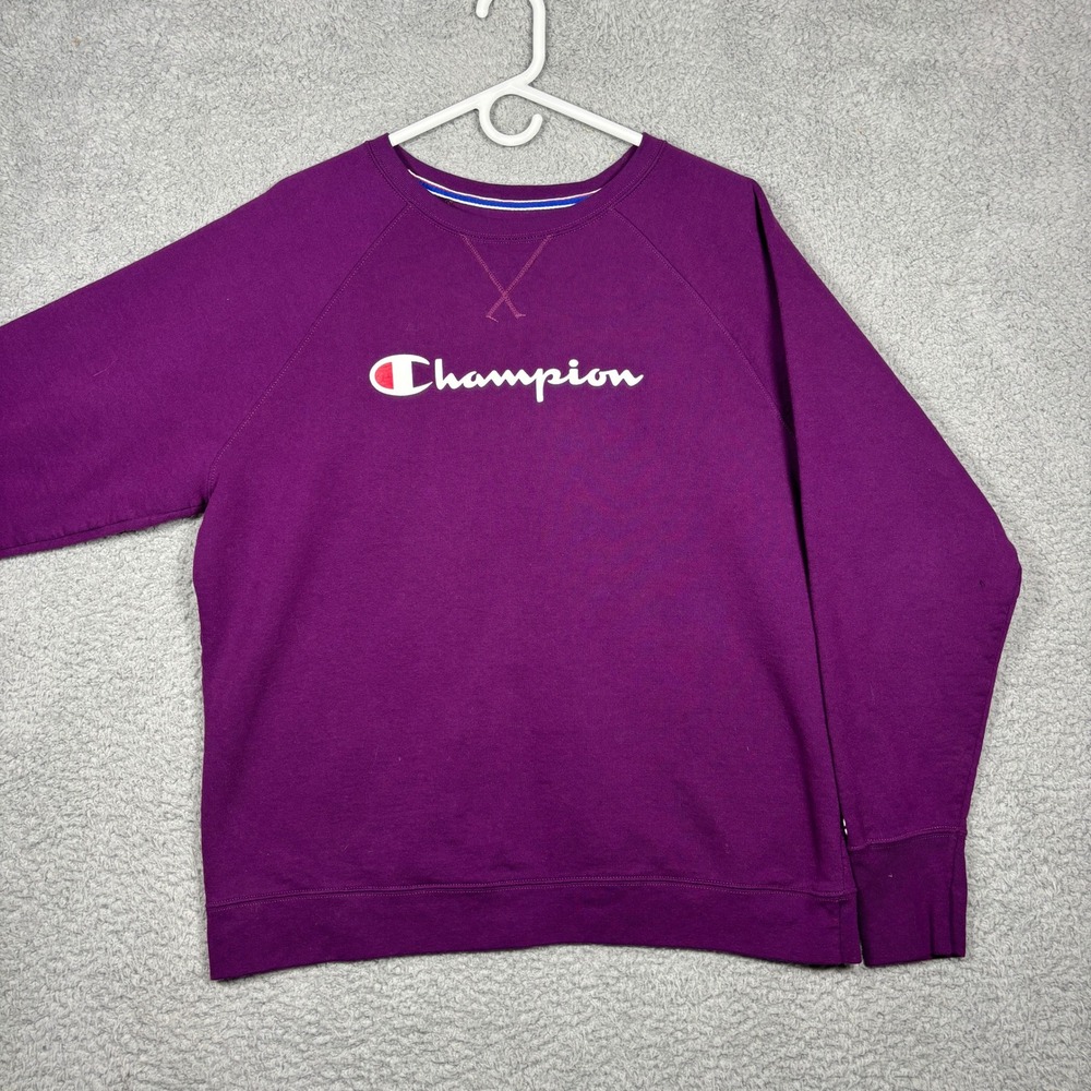 Champion Womens 2XL Purple Logo Crewneck Raglan Fleece Sweatshirt Pullover